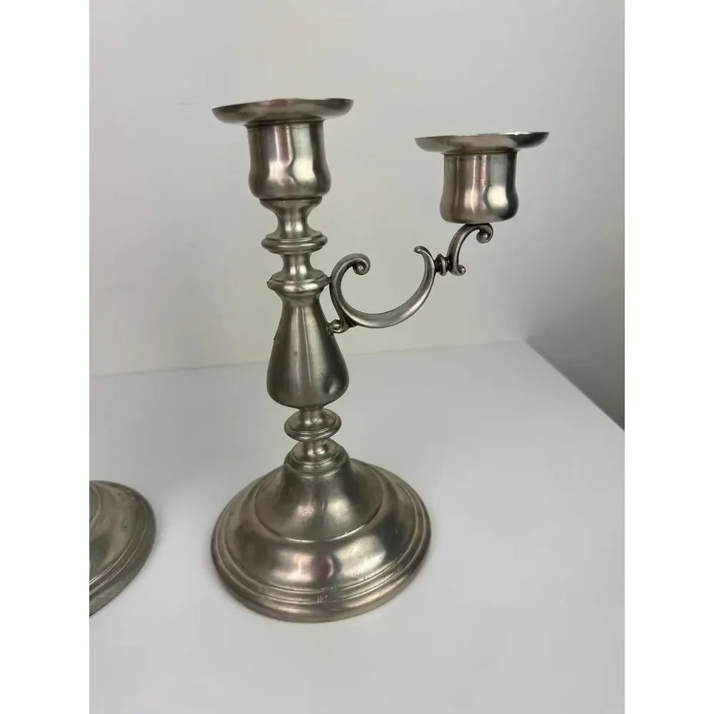 Vintage American Pewter Silver Stainless Steel Decor 2 Candle Holder Stick Set